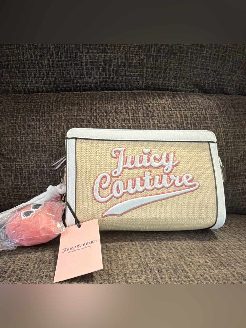 Juicy Couture Cream Cosmetic Pouch with Pink Logo NWT